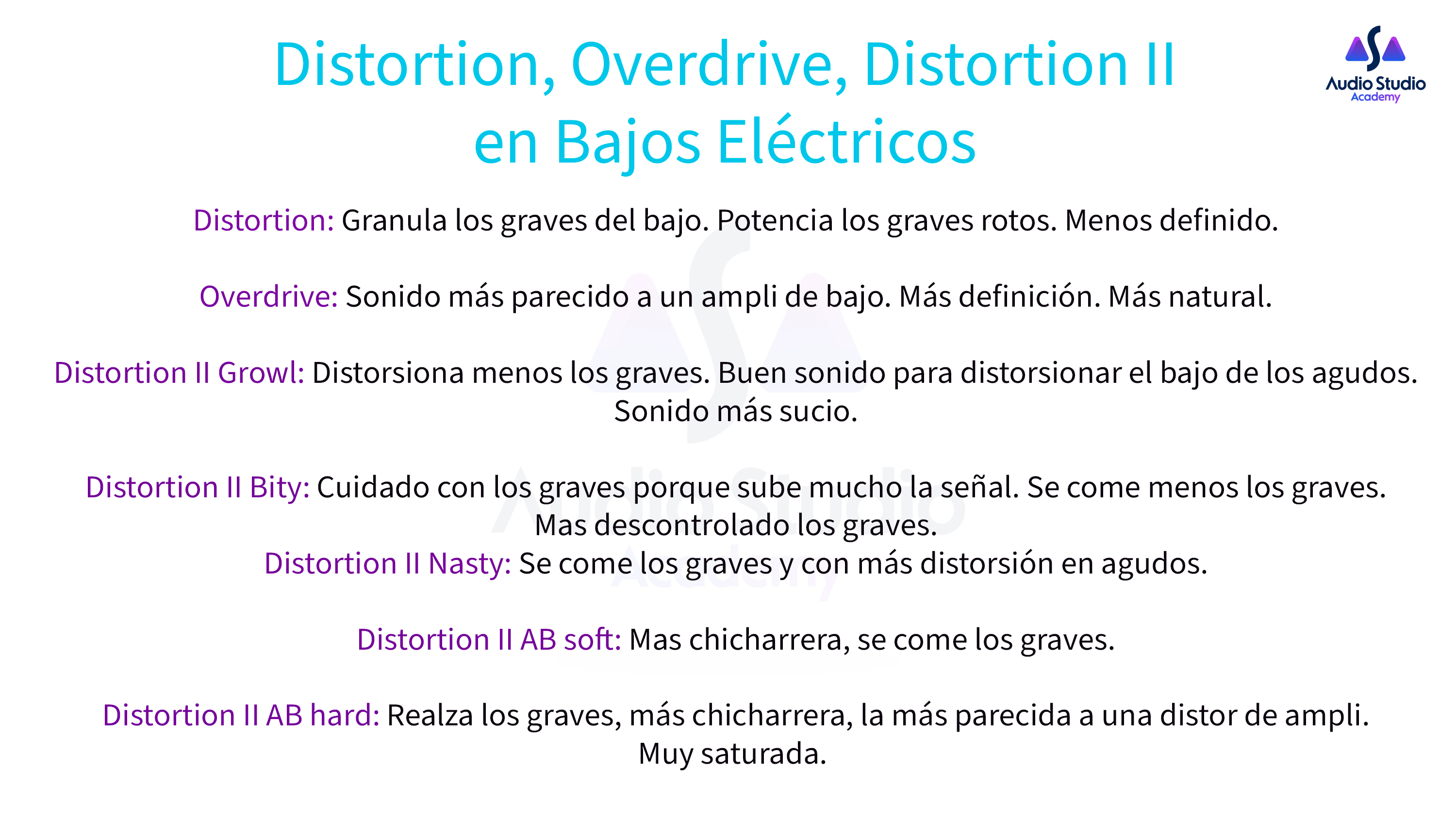 Distortion, Overdrive, Distortion II en Bajos Eléctricos